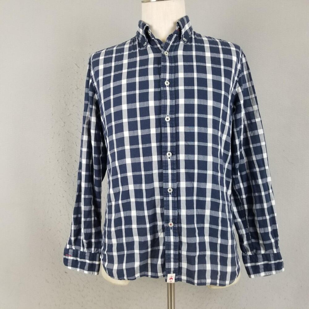 Brooks Brothers Red Fleece Shirt‎ Mens Medium Navy Blue Plaid Button Down Collar